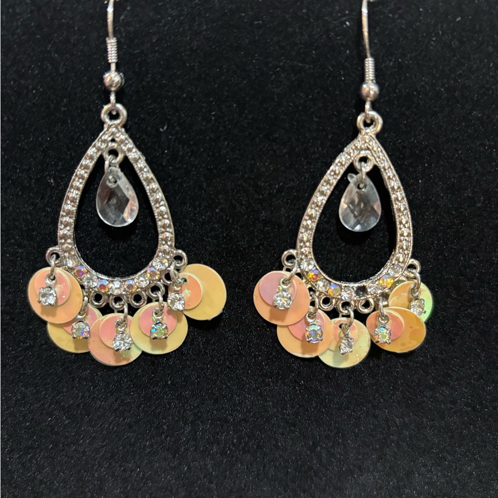 Silver Dangle Earrings with crystal gem accents